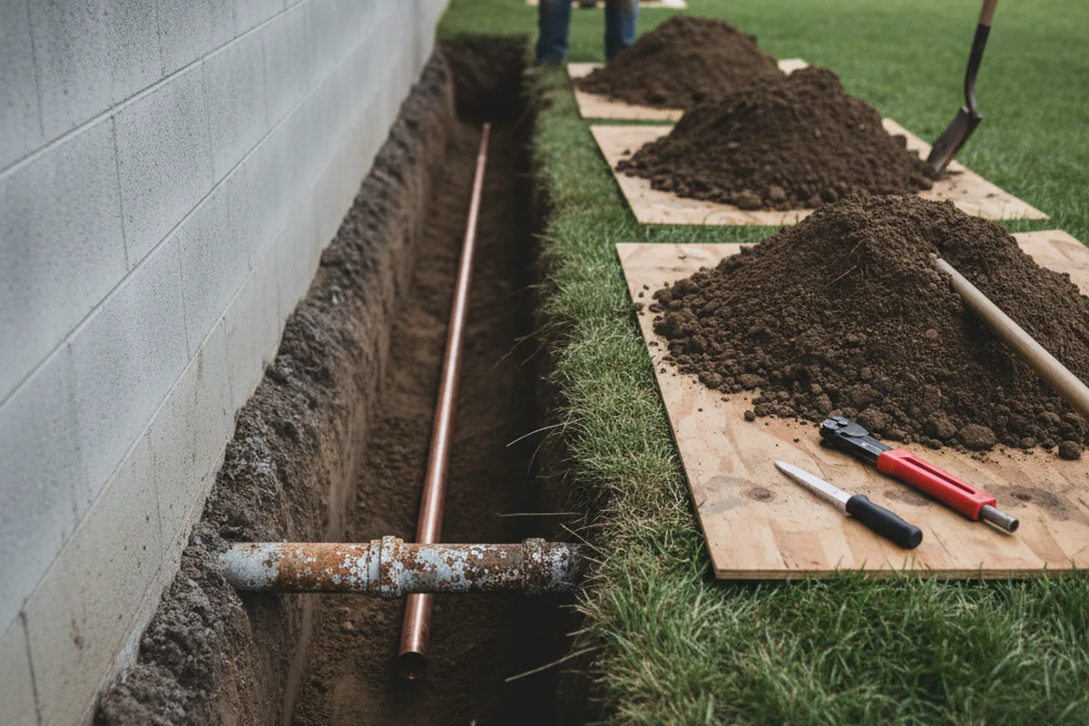 Excavated water line trench during Water Heater Repair in Scotia